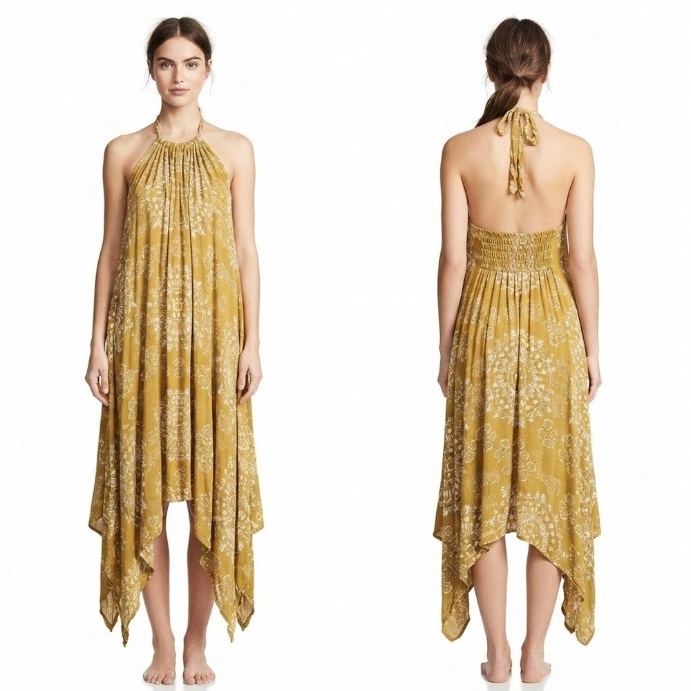 Boho Indian Dress Womans OS Onesize Halter Mustard Yellow Medallion Midi
